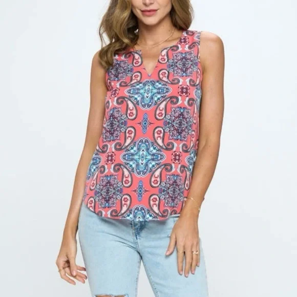 Verse Multicolor Coral Paisley Sleeveless Blouse Size Large Made in the U.S. - Picture 14 of 14